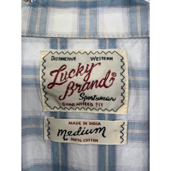 Lucky Brand Western Button Down Pearl Snap Short Sleeve Medium Blue White Plaid - Picture 3 of 7